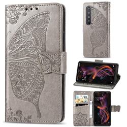 Embossing Mandala Flower Butterfly Leather Wallet Case for Sharp AQUOS R5G - Gray