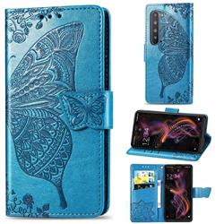Embossing Mandala Flower Butterfly Leather Wallet Case for Sharp AQUOS R5G - Blue