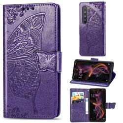Embossing Mandala Flower Butterfly Leather Wallet Case for Sharp AQUOS R5G - Dark Purple
