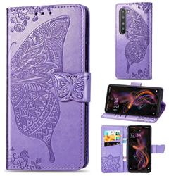 Embossing Mandala Flower Butterfly Leather Wallet Case for Sharp AQUOS R5G - Light Purple