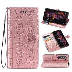 Embossing Dog Paw Kitten and Puppy Leather Wallet Case for Sharp AQUOS R5G - Rose Gold