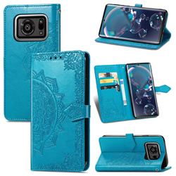 Embossing Imprint Mandala Flower Leather Wallet Case for Sharp AQUOS R6 SH-51B - Blue