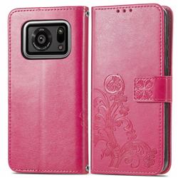 Embossing Imprint Four-Leaf Clover Leather Wallet Case for Sharp AQUOS R6 SH-51B - Rose Red