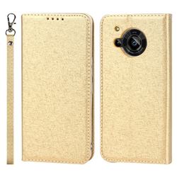 Ultra Slim Magnetic Automatic Suction Silk Lanyard Leather Flip Cover for Sharp AQUOS R7 SH-52C - Golden