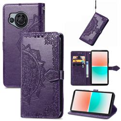 Embossing Imprint Mandala Flower Leather Wallet Case for Sharp AQUOS R8 SH-52D - Purple