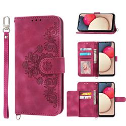 Skin Feel Embossed Lace Flower Multiple Card Slots Leather Wallet Phone Case for Sharp Simple Sumaho5 - Claret Red