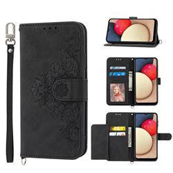 Skin Feel Embossed Lace Flower Multiple Card Slots Leather Wallet Phone Case for Sharp Simple Sumaho5 - Black