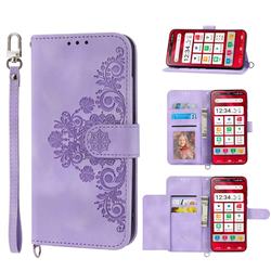 Skin Feel Embossed Lace Flower Multiple Card Slots Leather Wallet Phone Case for Sharp Simple Sumaho6 - Purple