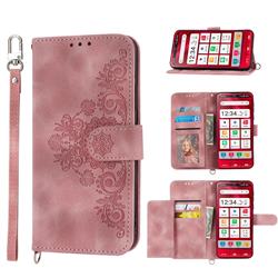 Skin Feel Embossed Lace Flower Multiple Card Slots Leather Wallet Phone Case for Sharp Simple Sumaho6 - Pink