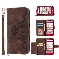 Skin Feel Embossed Lace Flower Multiple Card Slots Leather Wallet Phone Case for Sharp Simple Sumaho6 - Brown