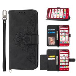 Skin Feel Embossed Lace Flower Multiple Card Slots Leather Wallet Phone Case for Sharp Simple Sumaho6 - Black