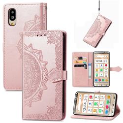 Embossing Imprint Mandala Flower Leather Wallet Case for Sharp Simple Sumaho6 - Rose Gold