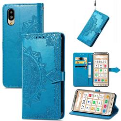Embossing Imprint Mandala Flower Leather Wallet Case for Sharp Simple Sumaho6 - Blue