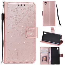 Embossing Cherry Blossom Cat Leather Wallet Case for Sony Xperia L1 / Sony E6 - Rose Gold