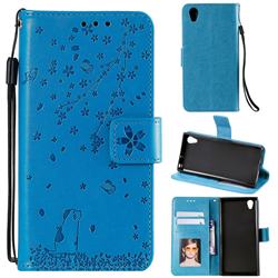 Embossing Cherry Blossom Cat Leather Wallet Case for Sony Xperia L1 / Sony E6 - Blue