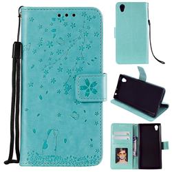 Embossing Cherry Blossom Cat Leather Wallet Case for Sony Xperia L1 / Sony E6 - Green