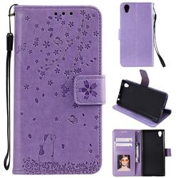 Embossing Cherry Blossom Cat Leather Wallet Case for Sony Xperia L1 / Sony E6 - Purple