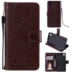 Embossing Cherry Blossom Cat Leather Wallet Case for Sony Xperia L1 / Sony E6 - Brown