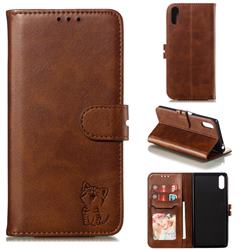 Embossing Happy Cat Leather Wallet Case for Sony Xperia L3 - Brown