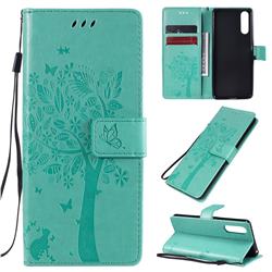 Embossing Butterfly Tree Leather Wallet Case for Sony Xperia 10 II - Cyan