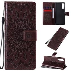 Embossing Sunflower Leather Wallet Case for Sony Xperia 10 II - Brown
