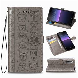 Embossing Dog Paw Kitten and Puppy Leather Wallet Case for Sony Xperia 10 II - Gray