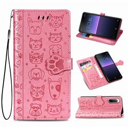 Embossing Dog Paw Kitten and Puppy Leather Wallet Case for Sony Xperia 10 II - Pink