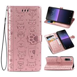 Embossing Dog Paw Kitten and Puppy Leather Wallet Case for Sony Xperia 10 II - Rose Gold