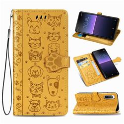 Embossing Dog Paw Kitten and Puppy Leather Wallet Case for Sony Xperia 10 II - Yellow