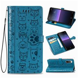Embossing Dog Paw Kitten and Puppy Leather Wallet Case for Sony Xperia 10 II - Blue