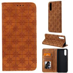 Intricate Embossing Four Leaf Clover Leather Wallet Case for Sony Xperia 10 II - Yellowish Brown