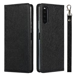 Ultra Slim Magnetic Automatic Suction Silk Lanyard Leather Flip Cover for Sony Xperia 10 II - Black