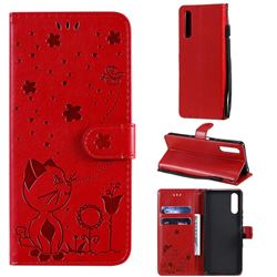 Embossing Bee and Cat Leather Wallet Case for Sony Xperia 10 III - Red