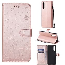 Embossing Bee and Cat Leather Wallet Case for Sony Xperia 10 III - Rose Gold