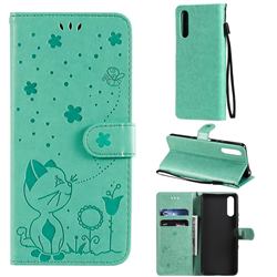 Embossing Bee and Cat Leather Wallet Case for Sony Xperia 10 III - Green
