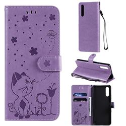 Embossing Bee and Cat Leather Wallet Case for Sony Xperia 10 III - Purple