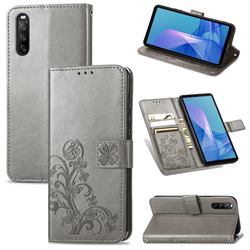 Embossing Imprint Four-Leaf Clover Leather Wallet Case for Sony Xperia 10 III - Grey
