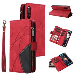 Luxury Two-color Stitching Multi-function Zipper Leather Wallet Case Cover for Sony Xperia 10 III - Red