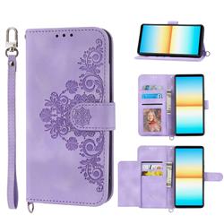 Skin Feel Embossed Lace Flower Multiple Card Slots Leather Wallet Phone Case for Sony Xperia 10 IV - Purple