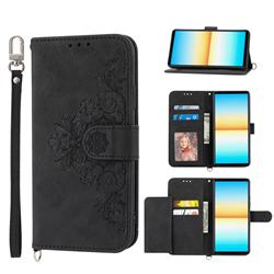 Skin Feel Embossed Lace Flower Multiple Card Slots Leather Wallet Phone Case for Sony Xperia 10 IV - Black