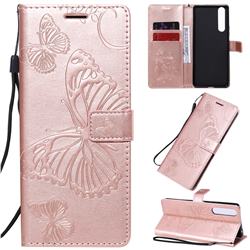 Embossing 3D Butterfly Leather Wallet Case for Sony Xperia 1 II - Rose Gold