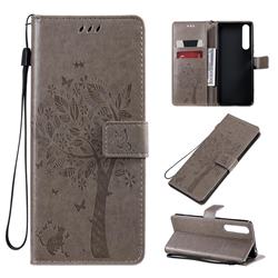 Embossing Butterfly Tree Leather Wallet Case for Sony Xperia 1 II - Grey