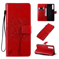 Embossing Butterfly Tree Leather Wallet Case for Sony Xperia 1 II - Red