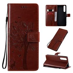 Embossing Butterfly Tree Leather Wallet Case for Sony Xperia 1 II - Coffee