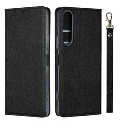 Ultra Slim Magnetic Automatic Suction Silk Lanyard Leather Flip Cover for Sony Xperia 1 II - Black