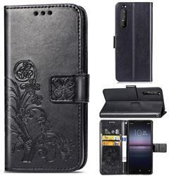 Embossing Imprint Four-Leaf Clover Leather Wallet Case for Sony Xperia 1 II - Black