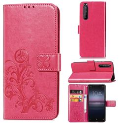 Embossing Imprint Four-Leaf Clover Leather Wallet Case for Sony Xperia 1 II - Rose Red
