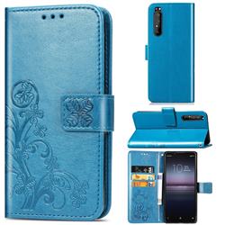 Embossing Imprint Four-Leaf Clover Leather Wallet Case for Sony Xperia 1 II - Blue