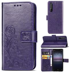 Embossing Imprint Four-Leaf Clover Leather Wallet Case for Sony Xperia 1 II - Purple