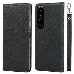Ultra Slim Magnetic Automatic Suction Silk Lanyard Leather Flip Cover for Sony Xperia 1 III - Black